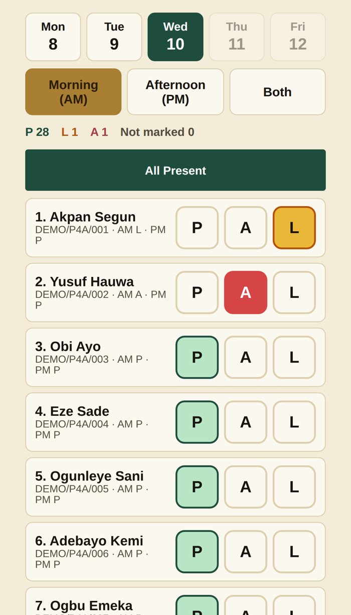 Class Register on a phone: big P, A and L buttons beside each pupil's name